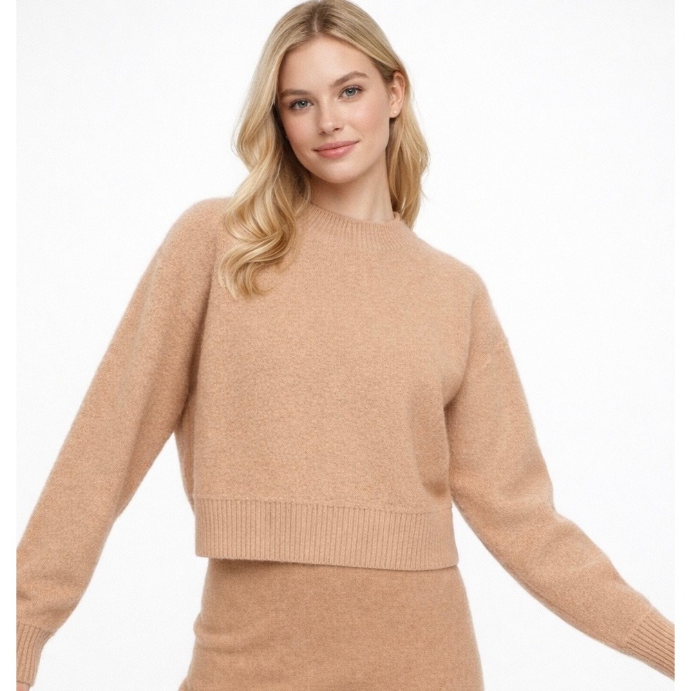 Aritzia Babaton Nara Boiled Wool Cropped Sweater Size M Crew Neck Camel Cozy